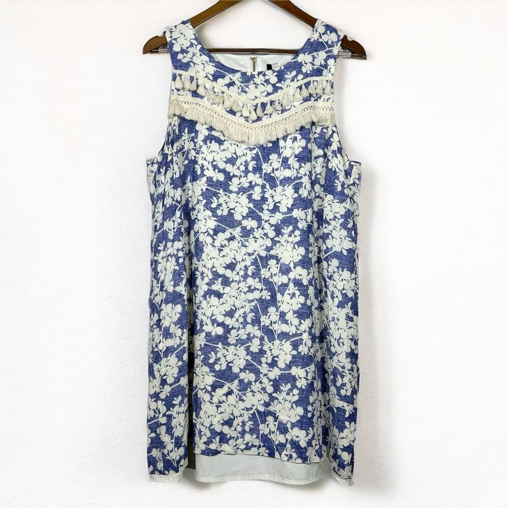 Kensie Layered Orchids Fringed Sleeveless Blue Cream Tassel Shift Dress